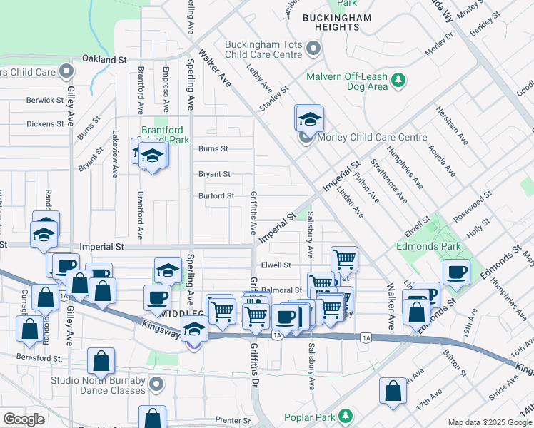 map of restaurants, bars, coffee shops, grocery stores, and more near 6945 Halligan Street in Burnaby