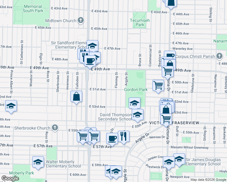 map of restaurants, bars, coffee shops, grocery stores, and more near 6709 Fleming Street in Vancouver