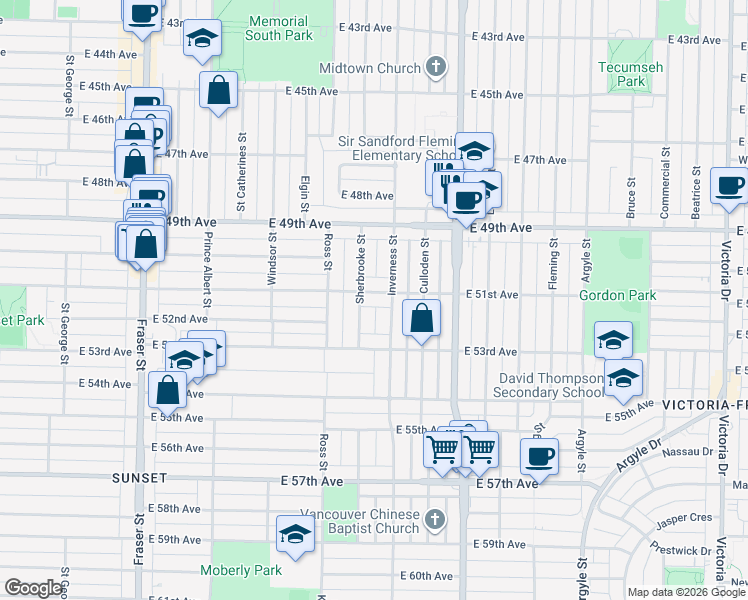 map of restaurants, bars, coffee shops, grocery stores, and more near 1230 East 51st Avenue in Vancouver