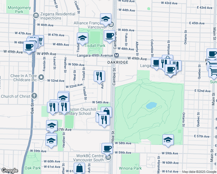 map of restaurants, bars, coffee shops, grocery stores, and more near 6677 Cambie Street in Vancouver
