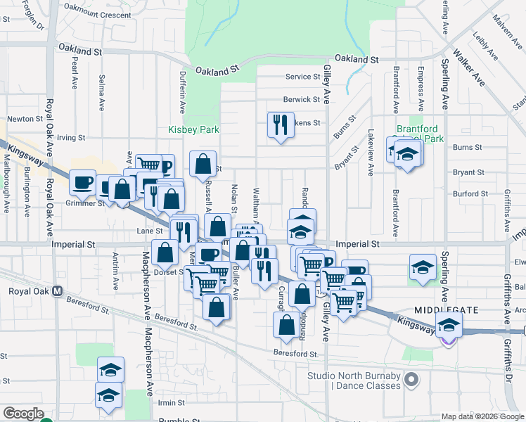 map of restaurants, bars, coffee shops, grocery stores, and more near 6680 Waltham Avenue in Burnaby
