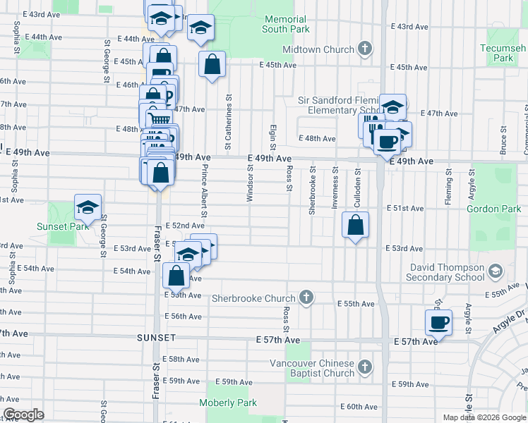 map of restaurants, bars, coffee shops, grocery stores, and more near 1038 East 51st Avenue in Vancouver
