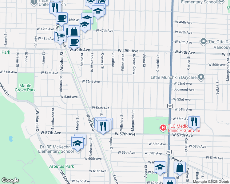 map of restaurants, bars, coffee shops, grocery stores, and more near 6886 Angus Drive in Vancouver