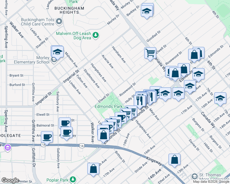 map of restaurants, bars, coffee shops, grocery stores, and more near 6980 Humphries Avenue in Burnaby