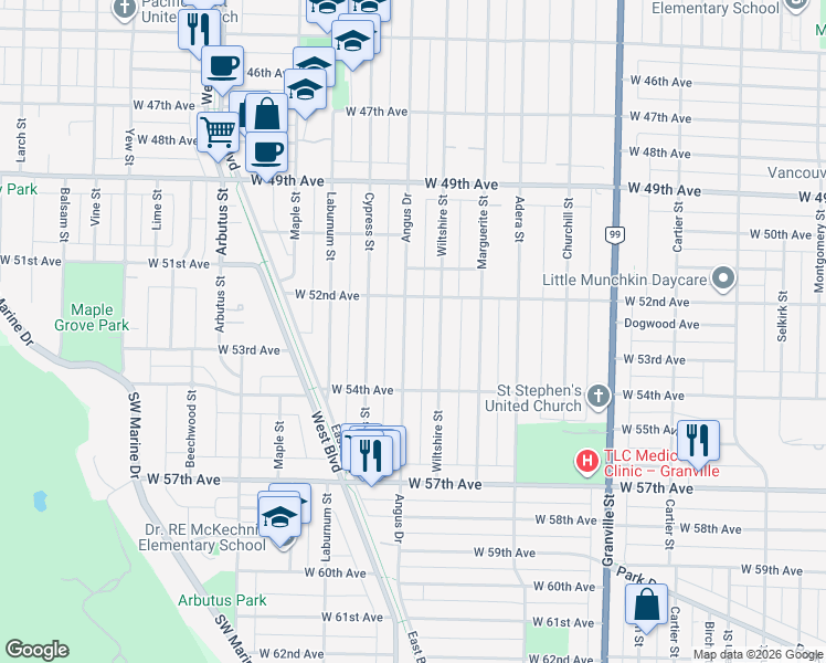 map of restaurants, bars, coffee shops, grocery stores, and more near 6886 Angus Drive in Vancouver