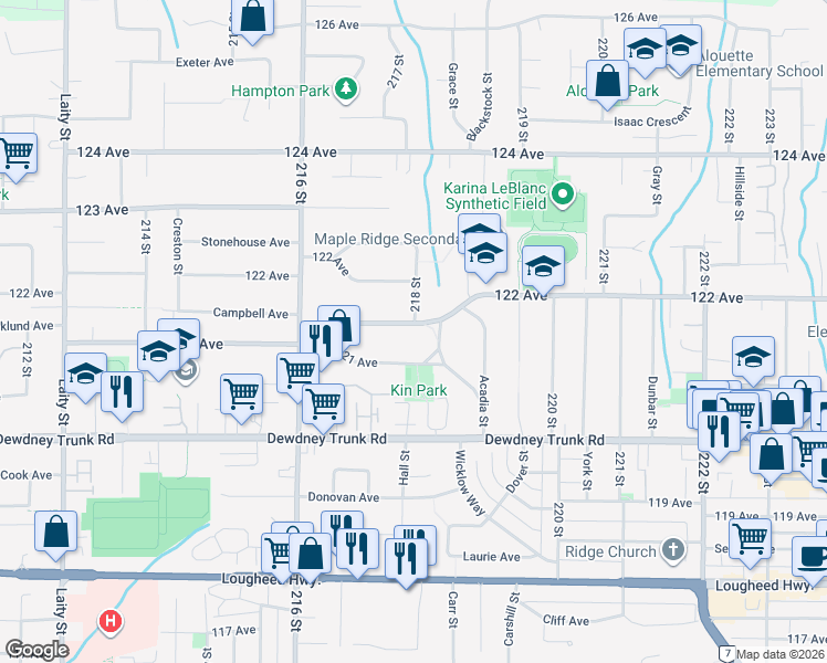 map of restaurants, bars, coffee shops, grocery stores, and more near 21727 Mountainview Crescent in Maple Ridge