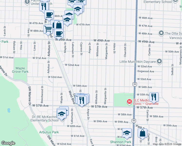 map of restaurants, bars, coffee shops, grocery stores, and more near 6886 Angus Drive in Vancouver