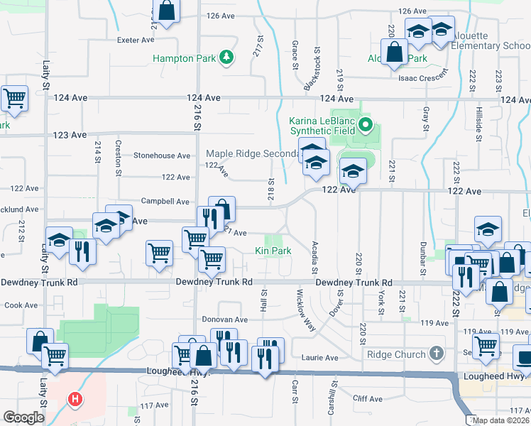 map of restaurants, bars, coffee shops, grocery stores, and more near 21764 Mountainview Crescent in Maple Ridge