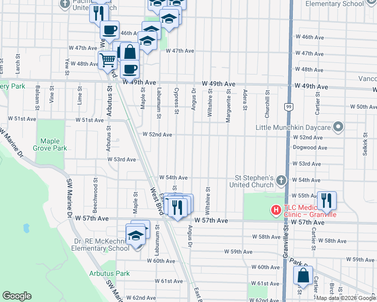 map of restaurants, bars, coffee shops, grocery stores, and more near 6883 Angus Drive in Vancouver