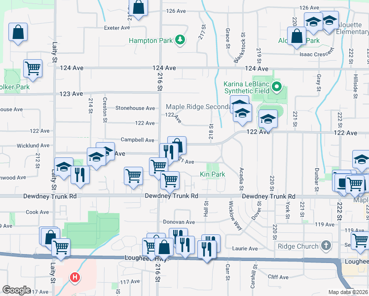 map of restaurants, bars, coffee shops, grocery stores, and more near 21678 Mountainview Crescent in Maple Ridge