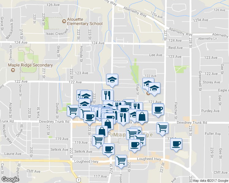 map of restaurants, bars, coffee shops, grocery stores, and more near in Maple Ridge