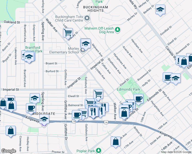 map of restaurants, bars, coffee shops, grocery stores, and more near 6666 Walker Avenue in Burnaby