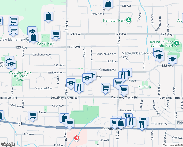 map of restaurants, bars, coffee shops, grocery stores, and more near in Maple Ridge