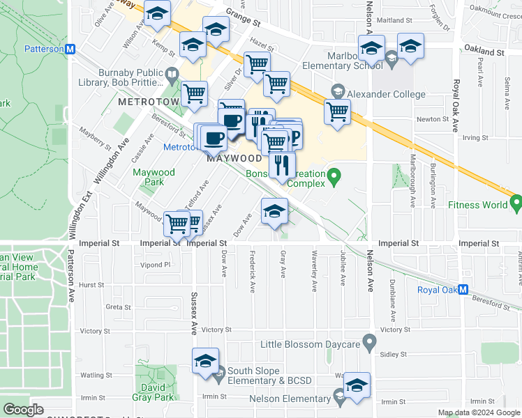 map of restaurants, bars, coffee shops, grocery stores, and more near 6658 Dow Avenue in Burnaby