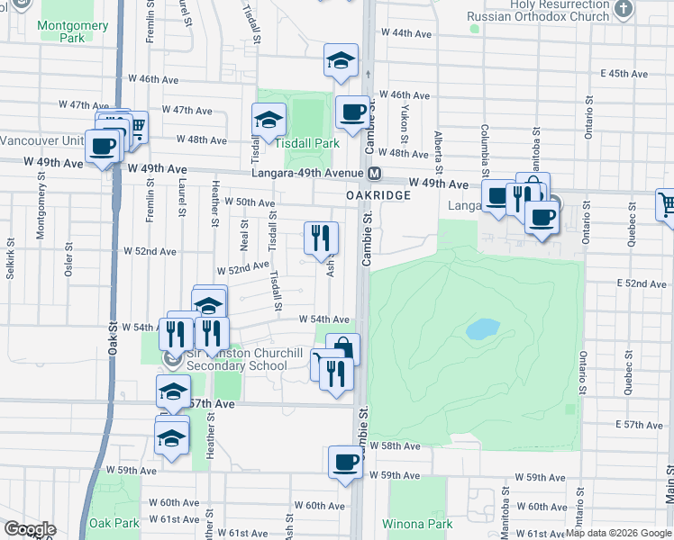 map of restaurants, bars, coffee shops, grocery stores, and more near 6818 Ash Street in Vancouver