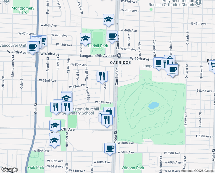 map of restaurants, bars, coffee shops, grocery stores, and more near 6818 Ash Street in Vancouver
