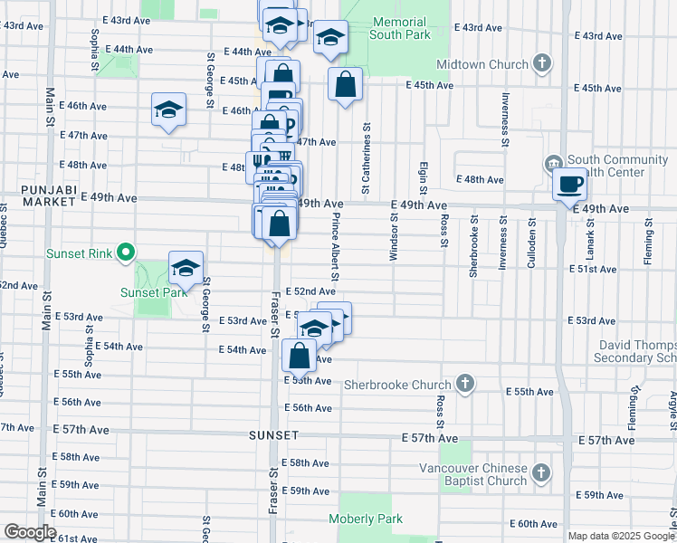 map of restaurants, bars, coffee shops, grocery stores, and more near 810 East 51st Avenue in Vancouver