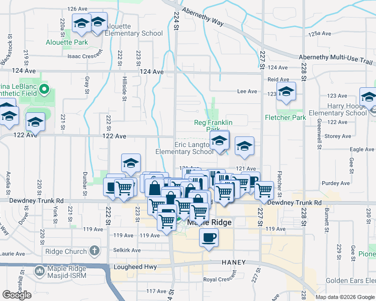 map of restaurants, bars, coffee shops, grocery stores, and more near 12148 224 Street in Maple Ridge