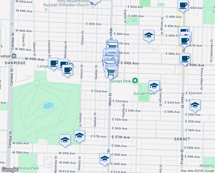 map of restaurants, bars, coffee shops, grocery stores, and more near 6741 Main Street in Vancouver