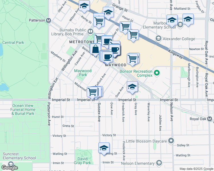 map of restaurants, bars, coffee shops, grocery stores, and more near 6649 Sussex Avenue in Burnaby