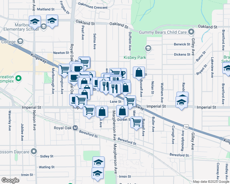 map of restaurants, bars, coffee shops, grocery stores, and more near 5597 Kingsway in Burnaby