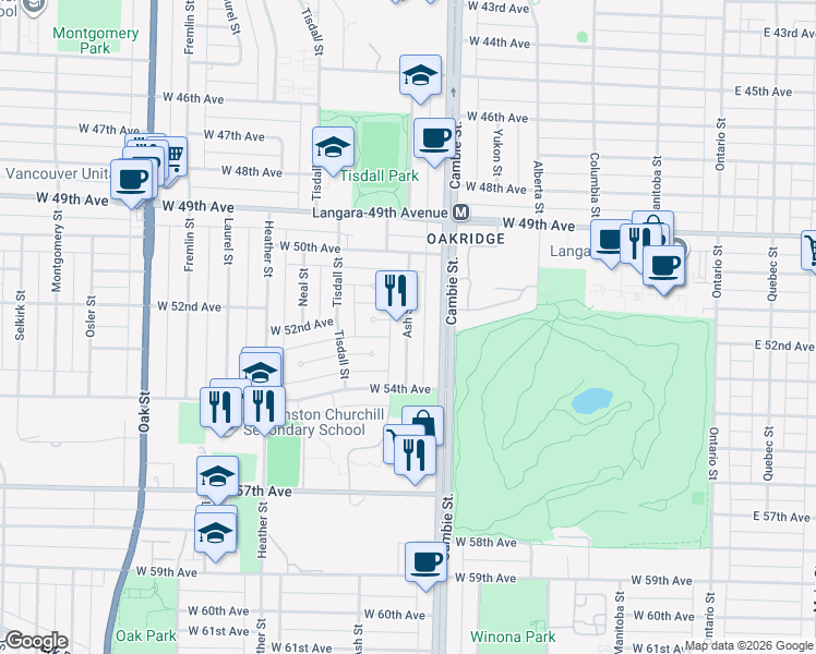 map of restaurants, bars, coffee shops, grocery stores, and more near 6818 Ash Street in Vancouver