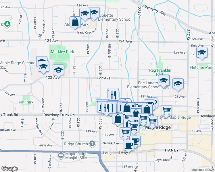 map of restaurants, bars, coffee shops, grocery stores, and more near 12170 222 Street in Maple Ridge