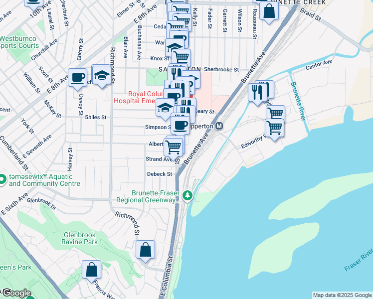 map of restaurants, bars, coffee shops, grocery stores, and more near 200 Nelson's Court in New Westminster
