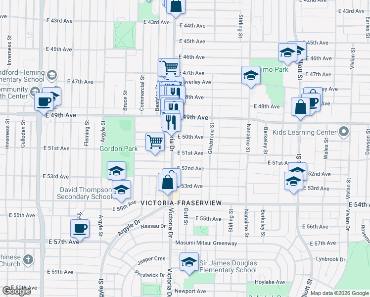 map of restaurants, bars, coffee shops, grocery stores, and more near 2047 East 51st Avenue in Vancouver