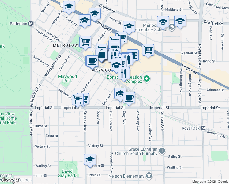 map of restaurants, bars, coffee shops, grocery stores, and more near 6658 Dow Avenue in Burnaby
