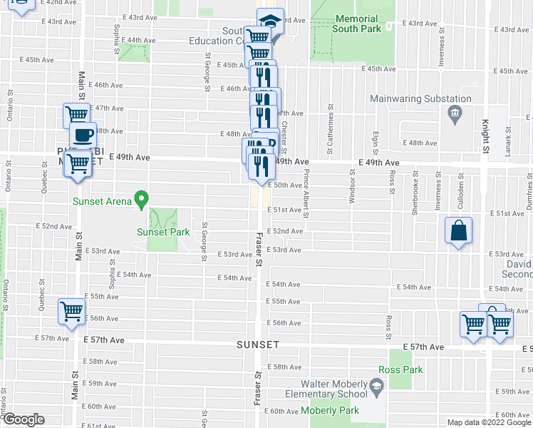 map of restaurants, bars, coffee shops, grocery stores, and more near 6720 Fraser Street in Vancouver