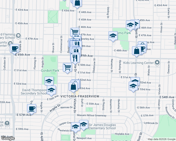 map of restaurants, bars, coffee shops, grocery stores, and more near 2155 East 51st Avenue in Vancouver