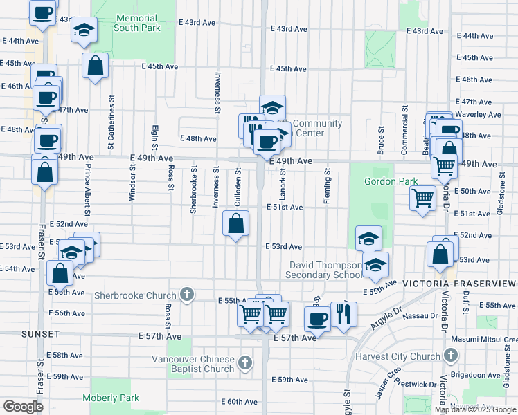 map of restaurants, bars, coffee shops, grocery stores, and more near 1380 East 51st Avenue in Vancouver