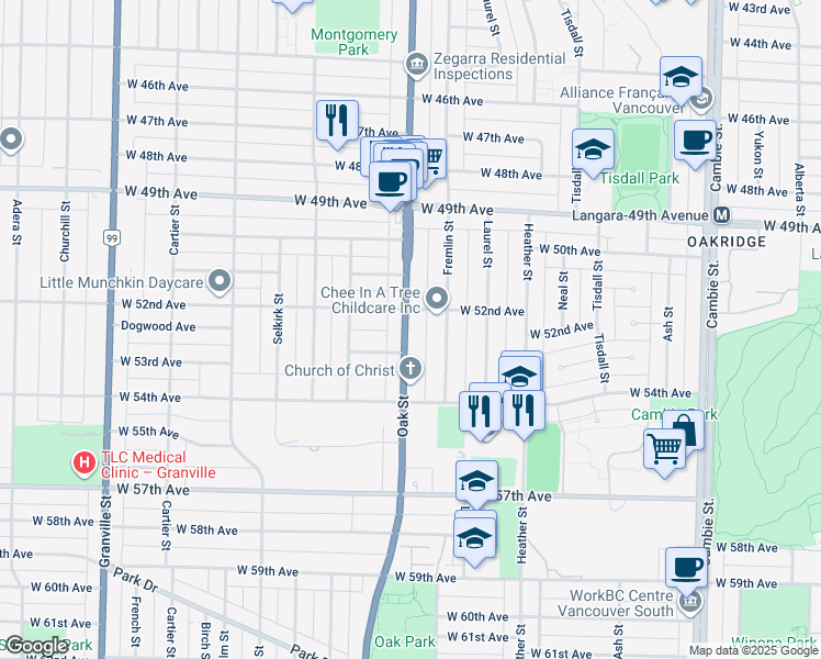 map of restaurants, bars, coffee shops, grocery stores, and more near 6840 Oak Street in Vancouver