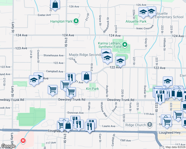 map of restaurants, bars, coffee shops, grocery stores, and more near 12180 218 Street in Maple Ridge