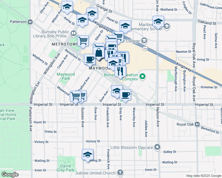 map of restaurants, bars, coffee shops, grocery stores, and more near 6658 Dow Avenue in Burnaby