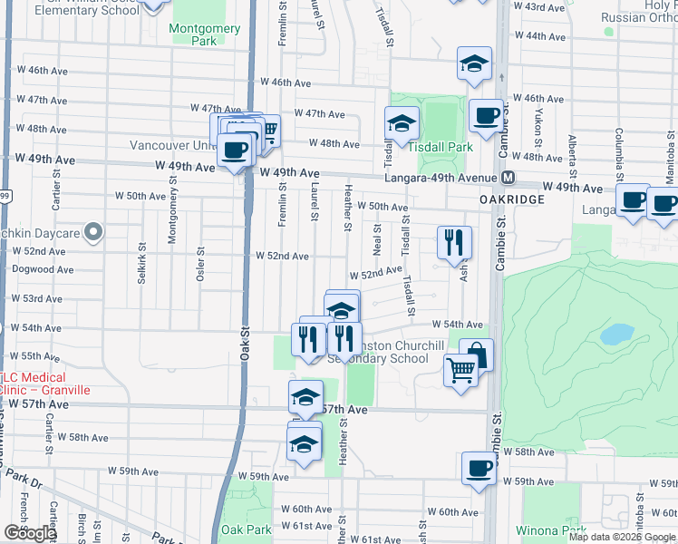 map of restaurants, bars, coffee shops, grocery stores, and more near 6835 Heather Street in Vancouver