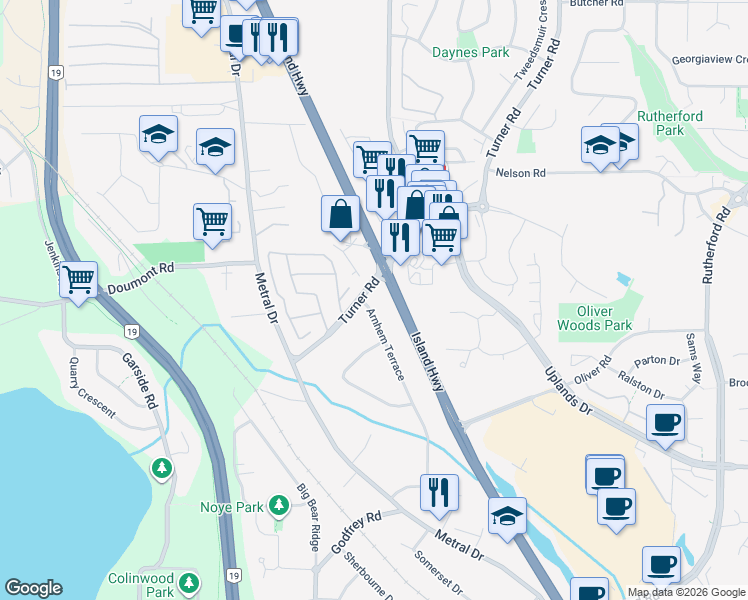 map of restaurants, bars, coffee shops, grocery stores, and more near 5780 Arnhem Terrace in Nanaimo