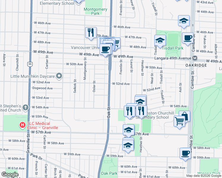 map of restaurants, bars, coffee shops, grocery stores, and more near in Vancouver