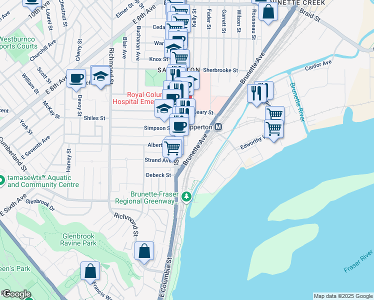 map of restaurants, bars, coffee shops, grocery stores, and more near 200 Nelson's Crescent in New Westminster
