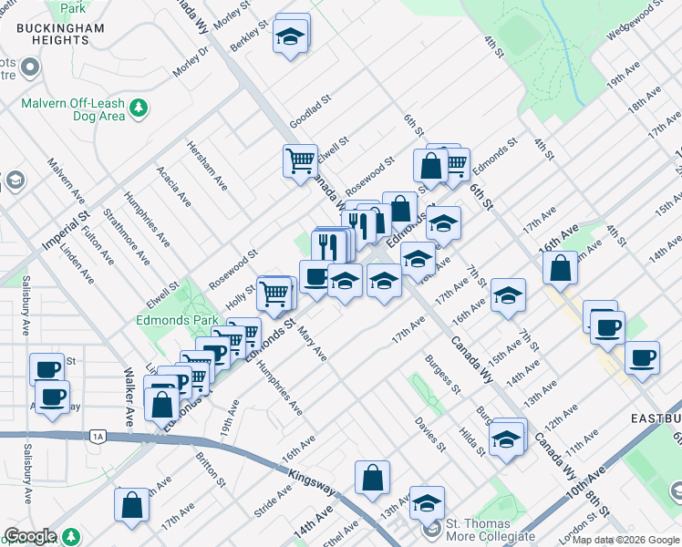 map of restaurants, bars, coffee shops, grocery stores, and more near 7111 Canada Way in Burnaby