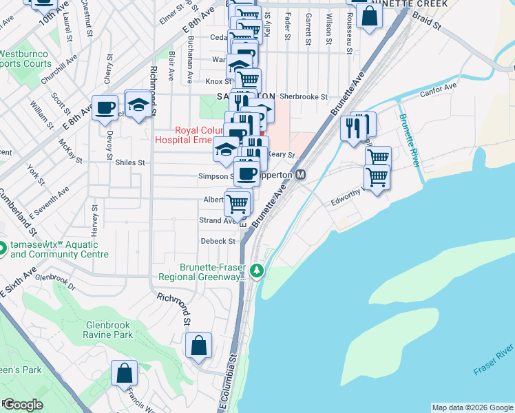 map of restaurants, bars, coffee shops, grocery stores, and more near 200 Nelson's Crescent in New Westminster