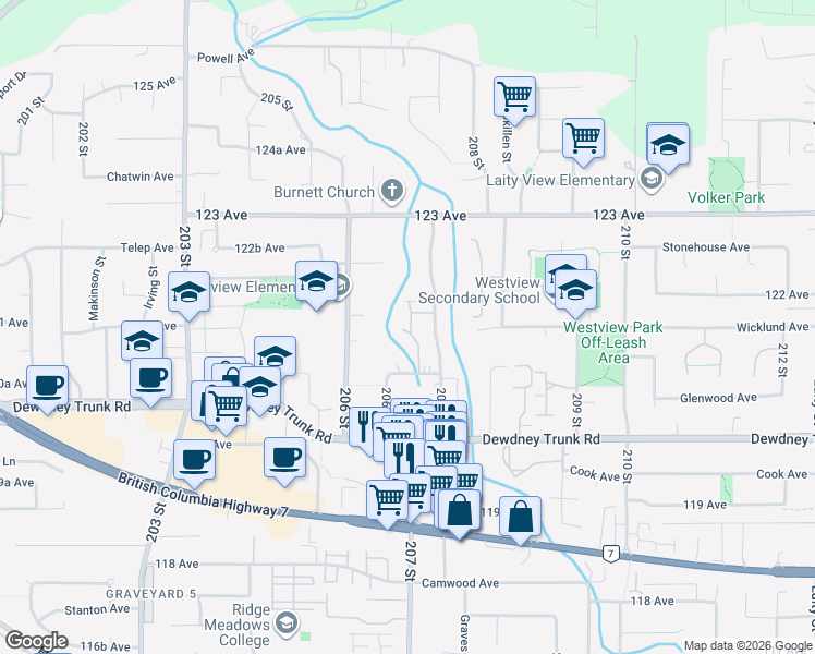 map of restaurants, bars, coffee shops, grocery stores, and more near 12199 207A Street in Maple Ridge
