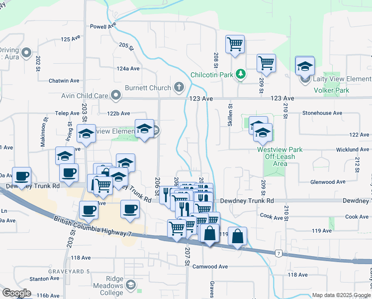 map of restaurants, bars, coffee shops, grocery stores, and more near 20699 120B Avenue in Maple Ridge