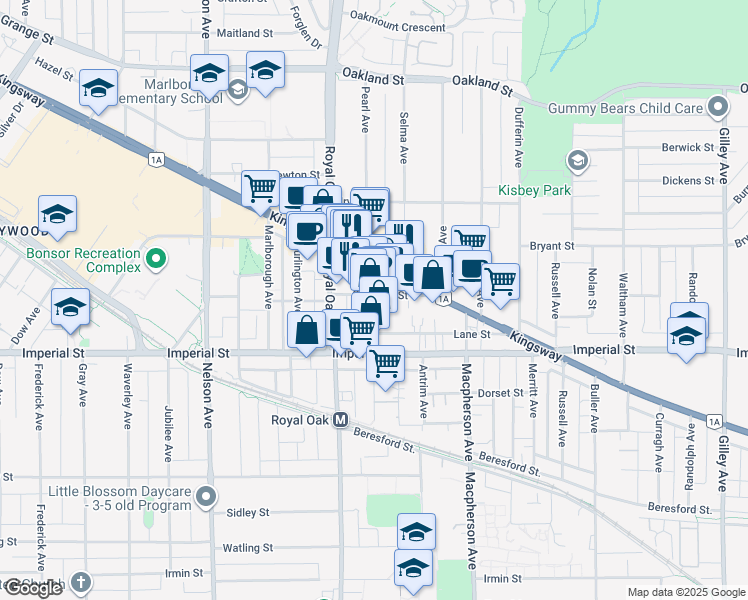 map of restaurants, bars, coffee shops, grocery stores, and more near 5288 Grimmer Street in Burnaby