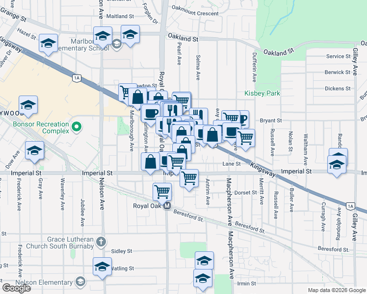 map of restaurants, bars, coffee shops, grocery stores, and more near 5288 Grimmer Street in Burnaby