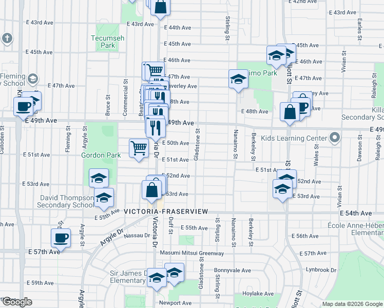 map of restaurants, bars, coffee shops, grocery stores, and more near 6673 Gladstone Street in Vancouver