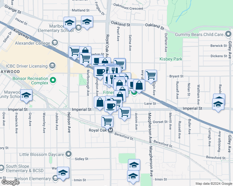 map of restaurants, bars, coffee shops, grocery stores, and more near 5248 Grimmer Street in Burnaby