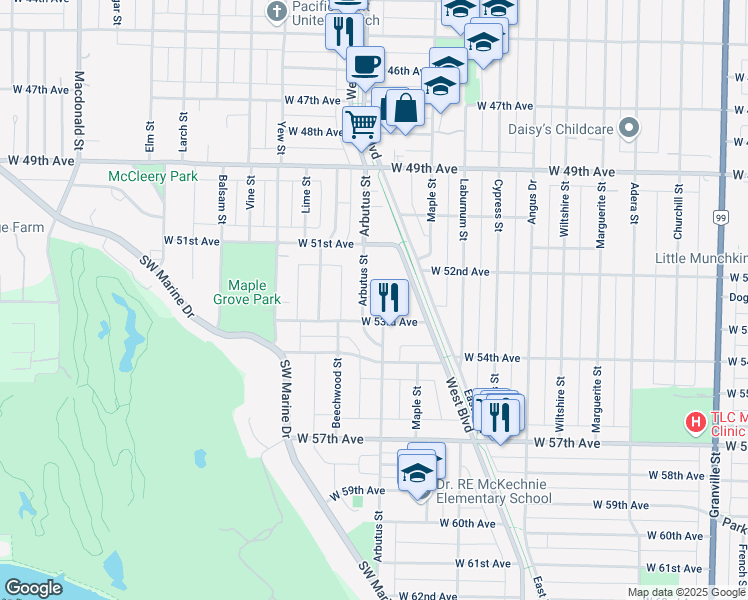 map of restaurants, bars, coffee shops, grocery stores, and more near 6836 Arbutus Street in Vancouver