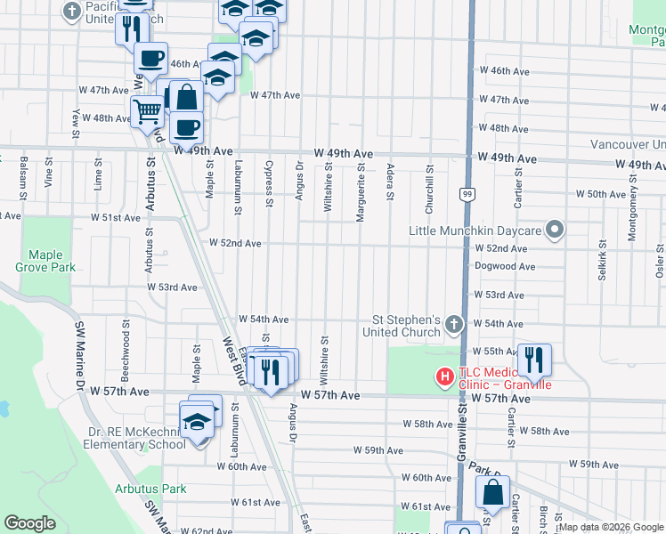 map of restaurants, bars, coffee shops, grocery stores, and more near 6858 Wiltshire Street in Vancouver